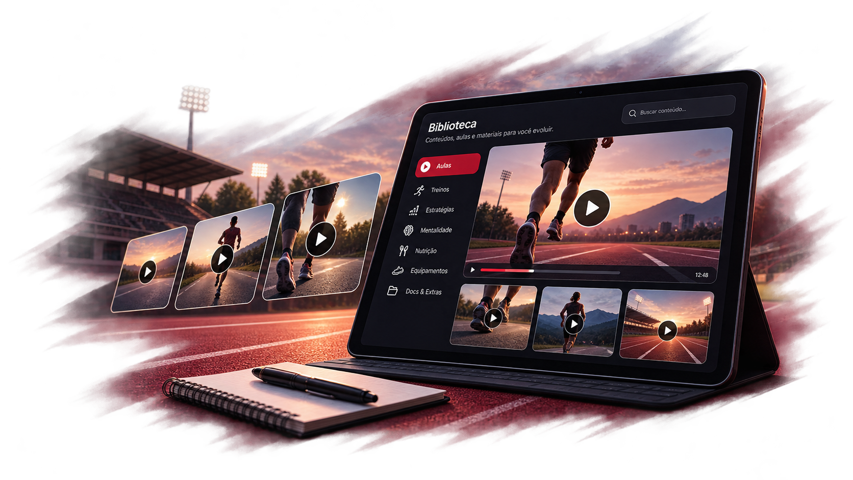 Tablet exibindo conteúdo em vídeo sobre corrida e treinamento
