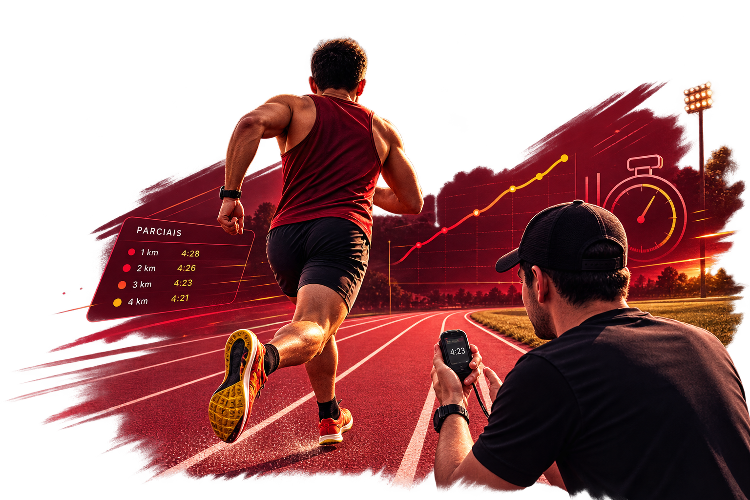 Atleta correndo em pista durante avaliação acompanhada por treinador
